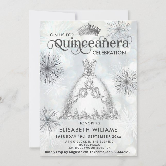Invitation "Hiver merveilleux Snowflakes tiara Quinceañera (Devant)