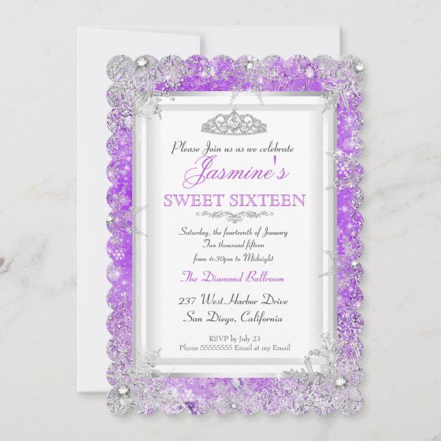 Invitation Hiver merveilleux Violet Rose Argent Douce 16 (Devant)