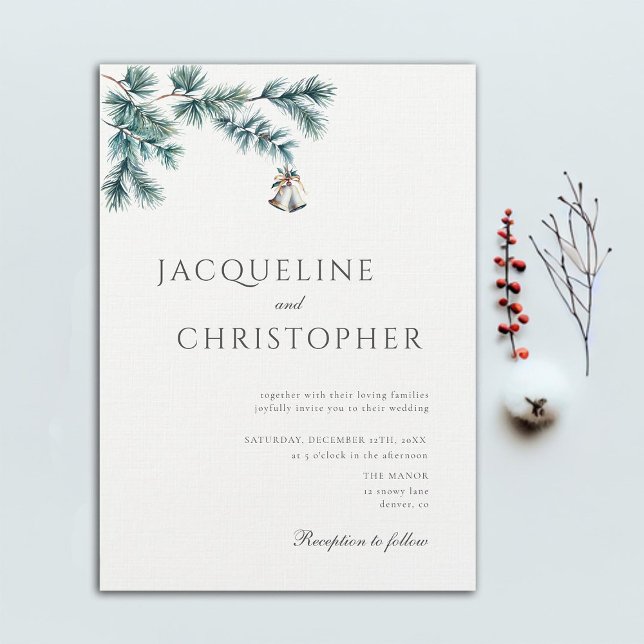 Invitation Hiver Minimaliste Pine Élégant Mariage Chic cloche (minimalist winter wedding invitation botanical pine branch elegant modern classic christmas bells)
