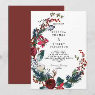 Invitation hiver moderne épousant la guirlande florale rouge
