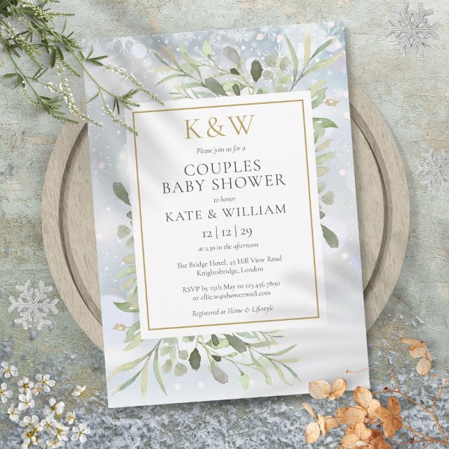 Invitation Hiver Monogramme or Verdure Couples Baby shower (Winter Gold Monogram Greenery Couples Baby Shower Invitation)