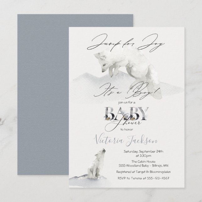 Invitation Hiver Neige Artic White Fox baby shower (Devant / Derrière)