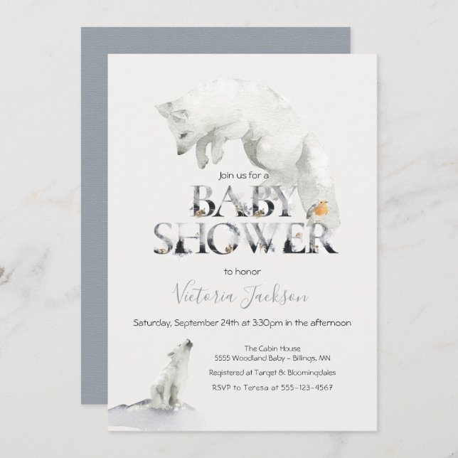 Invitation Hiver Neige Artic White Fox baby shower (Devant / Derrière)