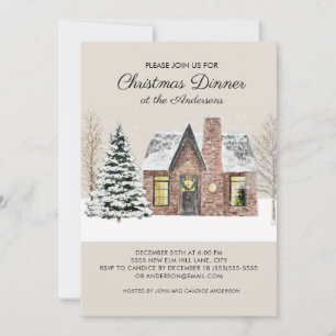 Invitation Hiver Neige Maison Pin Arbre Noël Dîner