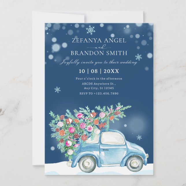 Invitation Hiver neige voiture de Noël mariage (Devant)