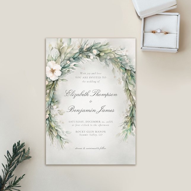 Invitation Hiver Noël Aquarelle Elegant Mariage Boho (winter wedding invitation christmas dreamy watercolor greenery botanical floral frame elegant boho)