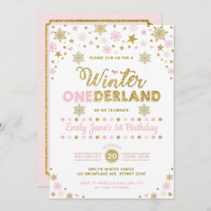 Invitation Hiver ONE derland 1er anniversaire Fête Pink Gold