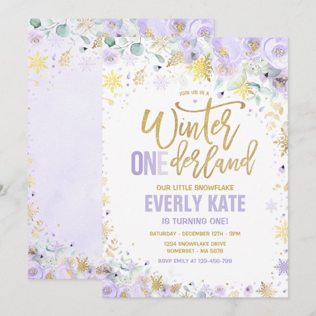 Invitation Hiver ONE derland 1er anniversaire Gold Lilac Purp (Devant / Derrière)