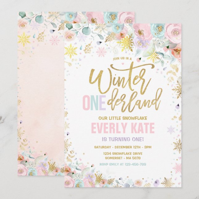 Invitation Hiver ONE derland 1er anniversaire Gold Lilac rose (Devant / Derrière)
