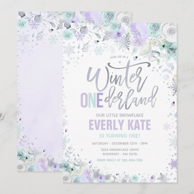Invitation Hiver ONE derland 1er anniversaire Silver Lilac Pu (Devant / Derrière)