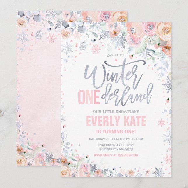 Invitation Hiver ONE derland 1er anniversaire Silver Peach ro (Devant / Derrière)