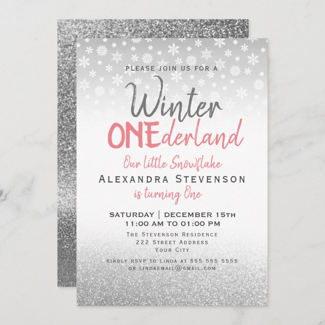 Invitation Hiver ONE derland 1er anniversaire Silver Snowflak (Devant / Derrière)