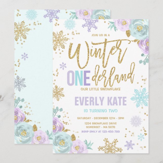 Invitation Hiver ONE derland Anniversaire Gold Purple Snowfla (Devant / Derrière)
