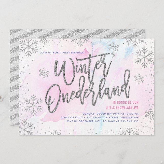 Invitation Hiver ONE derland Anniversaire Parties scintillant (Devant / Derrière)
