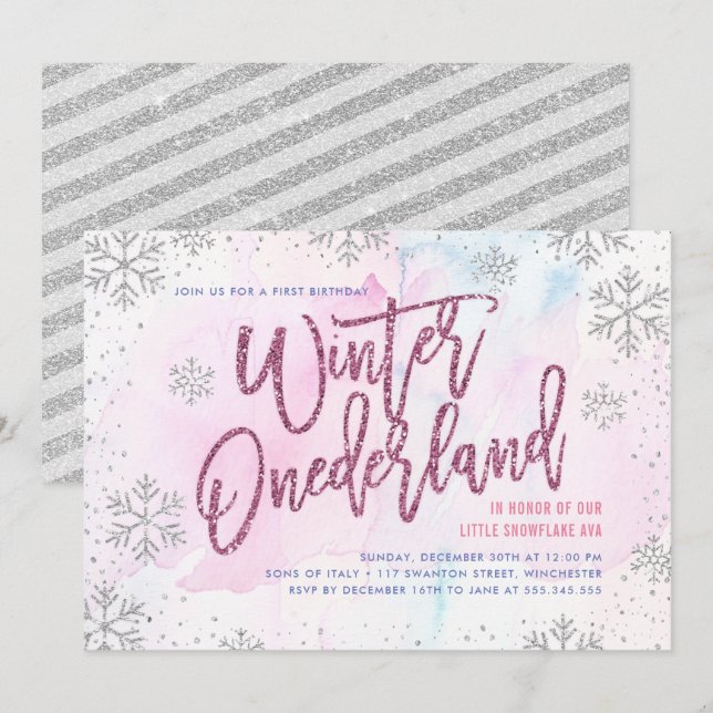 Invitation Hiver ONE derland Anniversaire Parties scintillant (Devant / Derrière)