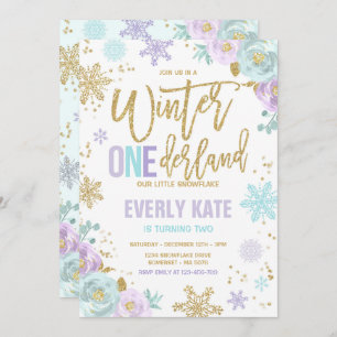 Invitation Hiver ONE derland Anniversaire Snowflake violet d'