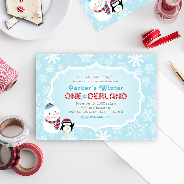 Invitation Hiver ONE derland Anniversaire Snowman et Penguin (Créateur téléchargé)