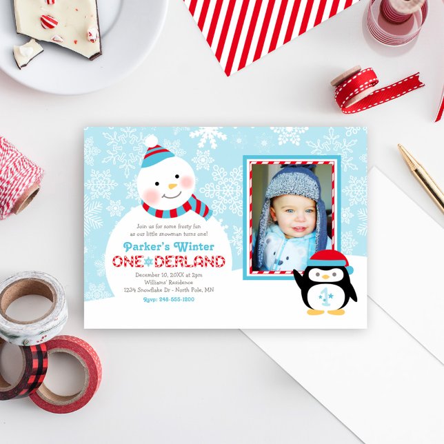 Invitation Hiver ONE derland Anniversaire Snowman Penguin Pho (Créateur téléchargé)