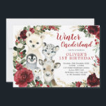 Invitation Hiver ONE derland Arctique Animaux Floraux Anniver<br><div class="desc">Célébrez le 1er anniversaire de votre petit avec cette adorable invitation à thème hivernal. Le design sucré présente d'adorables animaux arctiques et d'élégants fleurons bordeaux et verdure</div>