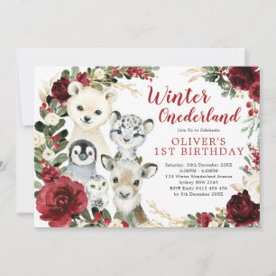 Invitation Hiver ONE derland Arctique Animaux Floraux Anniver