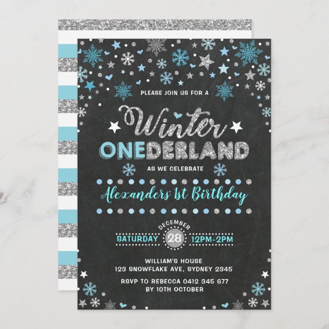 Invitation Hiver ONE derland Blue Silver Snowflakes Anniversa (Devant / Derrière)