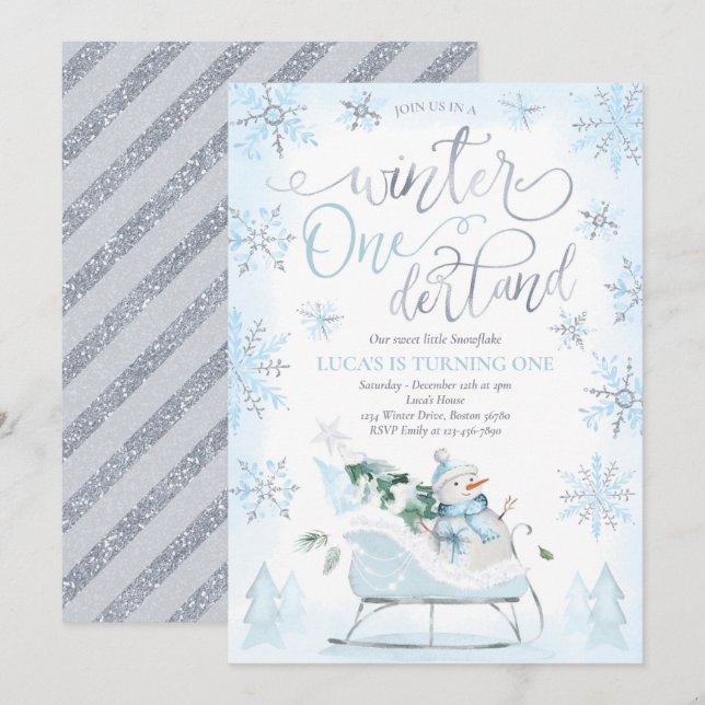 Invitation Hiver ONE derland Blue Winter Sleigh 1er anniversa (Devant / Derrière)