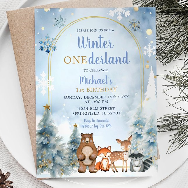 Invitation Hiver ONE derland Bois Animaux Forêt Anniversaire (Créateur téléchargé)
