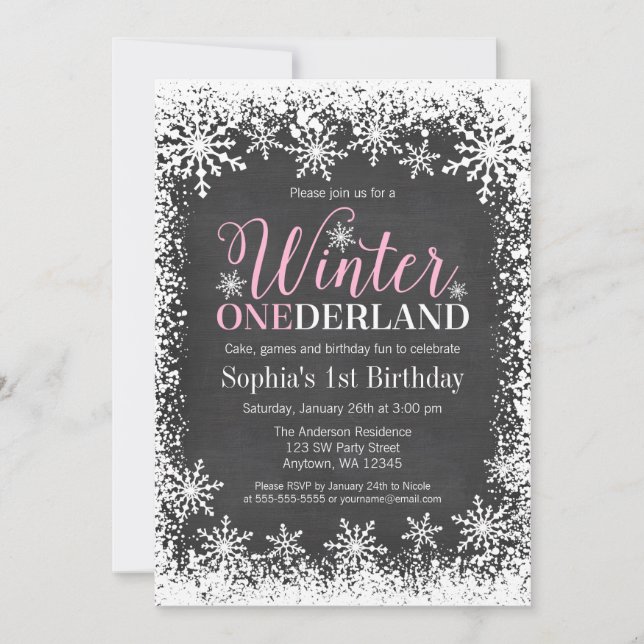 Invitation Hiver ONE derland Chalkboard de neige 1er annivers (Devant)