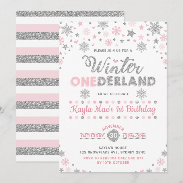 Invitation Hiver ONE derland Faux de neige rose d'argent Anni (Devant / Derrière)