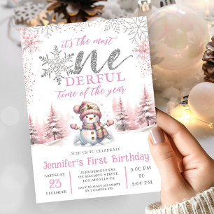 Invitation Hiver ONE derland Fille rose Noël 1er anniversaire