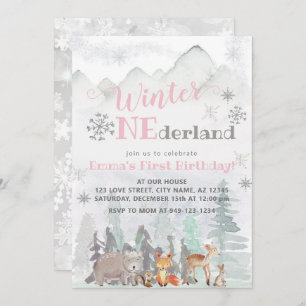 Invitation Hiver ONE derland Forêt forestière Animaux Anniver