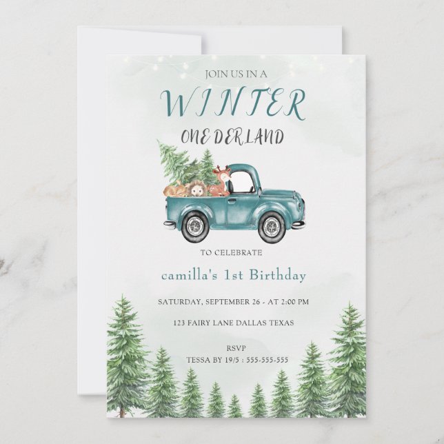 Invitation Hiver ONE Derland Green Truck fête d'anniversaire (Devant)