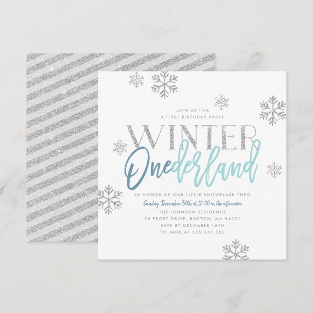 Invitation Hiver ONE derland Parties scintillant d'argent Ble (Devant / Derrière)
