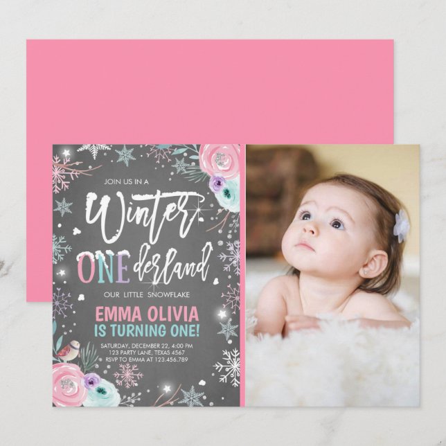 Invitation Hiver ONE derland Pink Silver 1er anniversaire (Devant / Derrière)