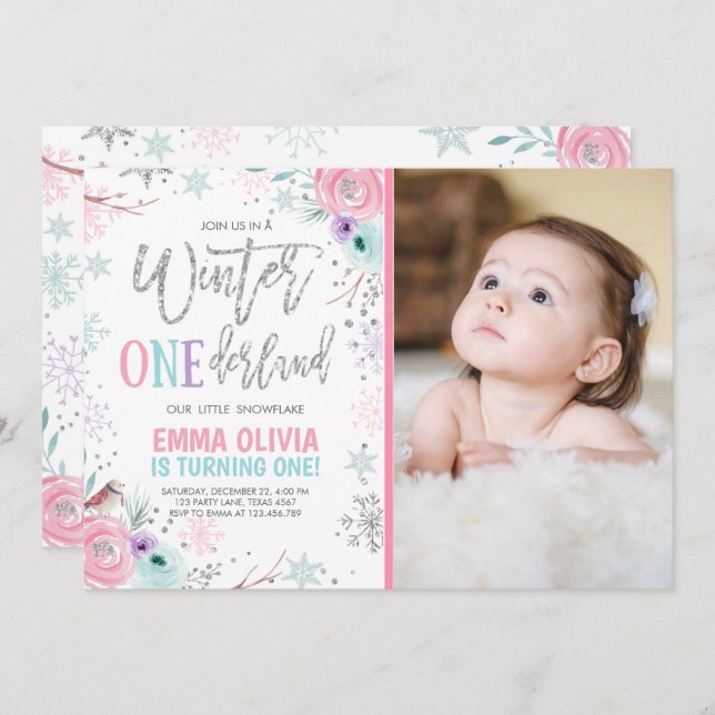Invitation Hiver ONE derland Pink Silver Photo 1er anniversai (Devant / Derrière)