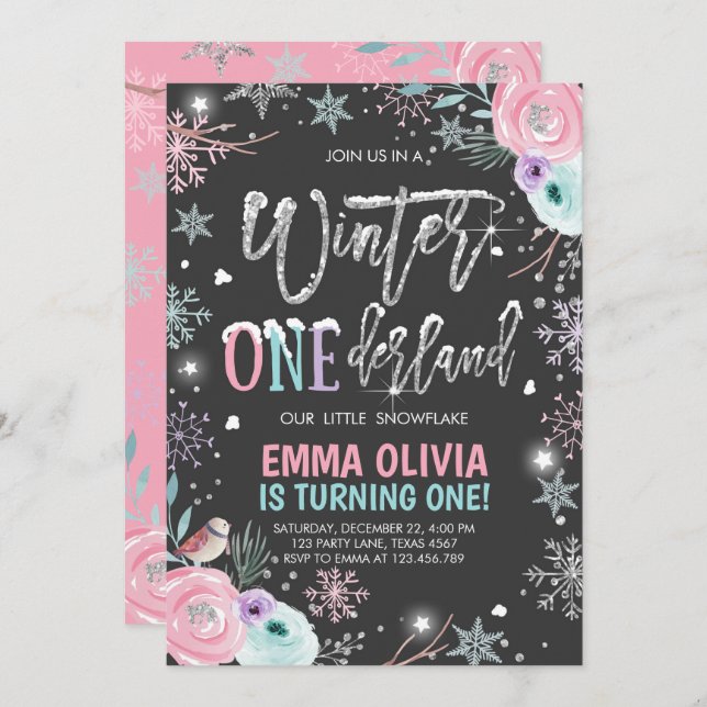 Invitation Hiver ONE derland Pink Silver Premier anniversaire (Devant / Derrière)