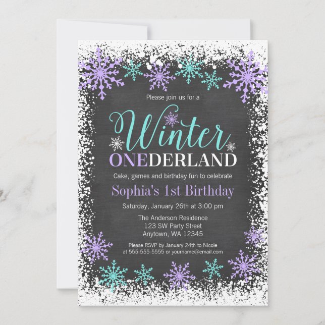 Invitation Hiver ONE derland Purple Chalkboard 1er anniversai (Devant)