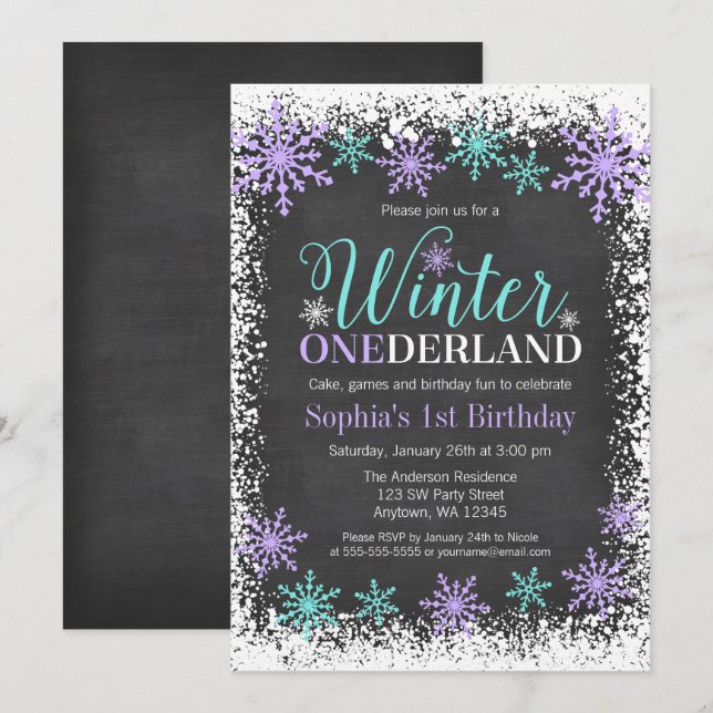 Invitation Hiver ONE derland Purple Chalkboard 1er anniversai (Devant / Derrière)
