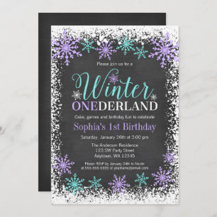Invitation Hiver ONE derland Purple Chalkboard 1er anniversai