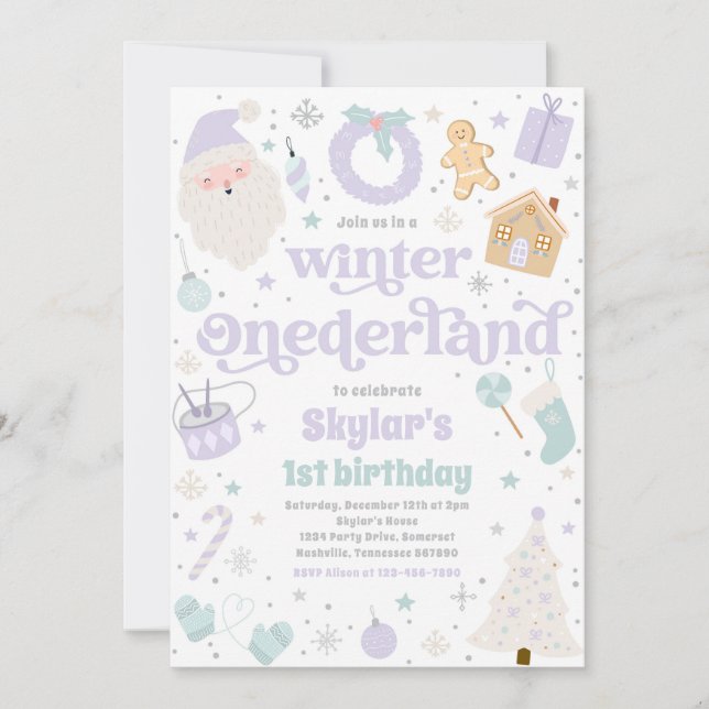 Invitation Hiver ONE derland Purple Noël fête d'anniversaire (Devant)