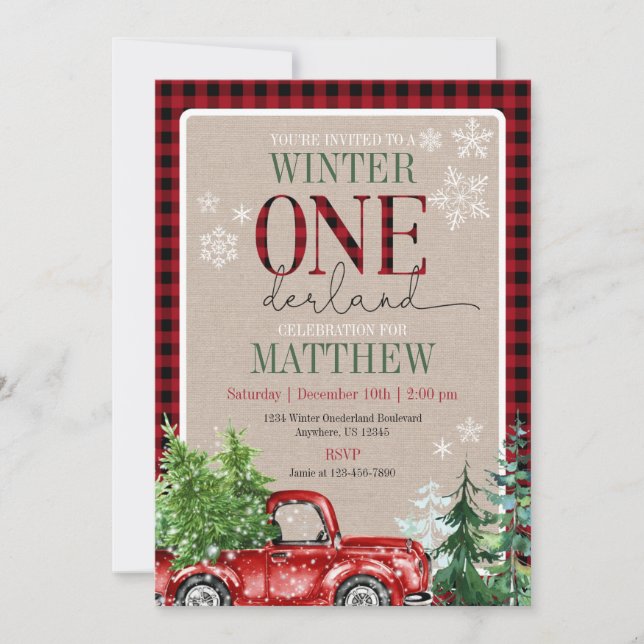 Invitation Hiver ONE derland Red Truck Forest Anniversaire (Devant)