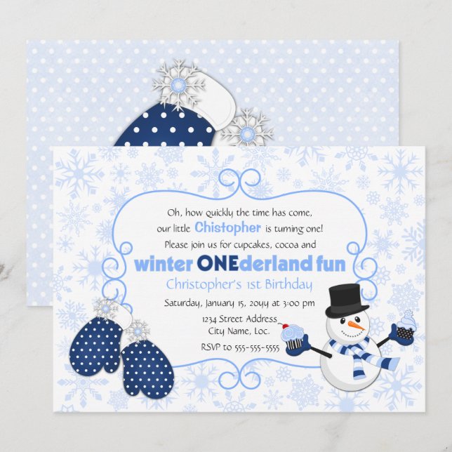 Invitation Hiver ONE derland Snowman Anniversaire (Devant / Derrière)