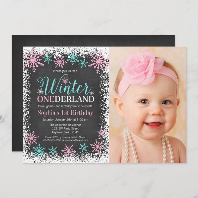 Invitation Hiver ONE derland Turquoise Chalkboard 1er anniver (Devant / Derrière)