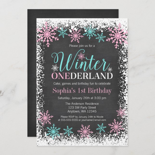Invitation Hiver ONE derland Turquoise Chalkboard 1er anniver (Devant / Derrière)