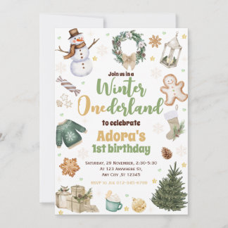 Invitation Hiver ONE derland Vert Noël Anniversaire Invitatio