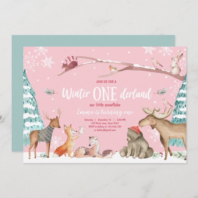 Invitation Hiver ONE derland Woodland Pink Anniversaire (Devant / Derrière)