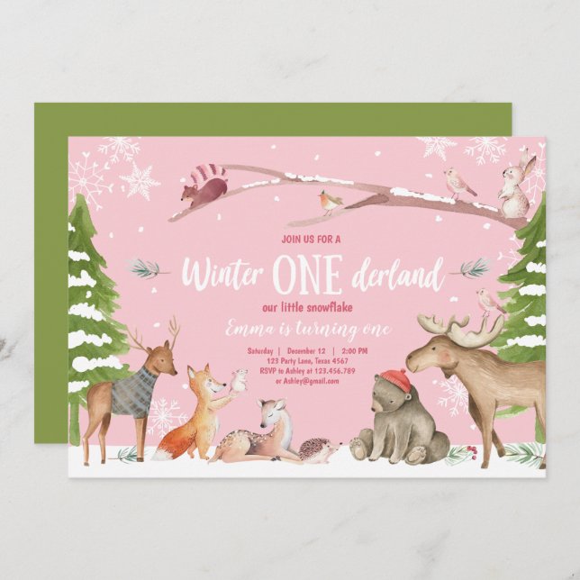 Invitation Hiver ONE derland Woodland Pink Anniversaire (Devant / Derrière)