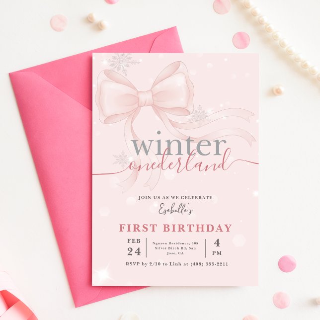 Invitation Hiver Onederlan Nœud Rose Premier Anniversaire (Créateur téléchargé)
