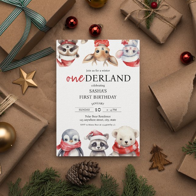 Invitation Hiver Onederland 1er anniversaire Animaux (Winter Onederland 1st birthday Christmas Invitation Polar Animals)