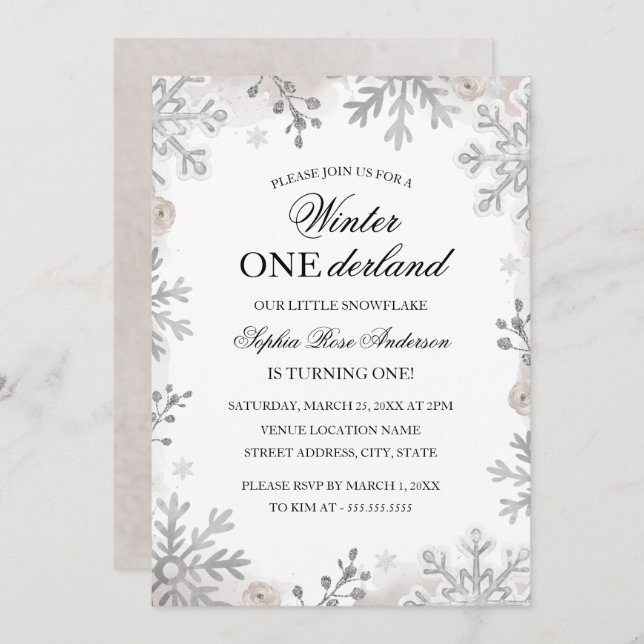 Invitation Hiver Onederland 1er Anniversaire Blush Snowflake (Devant / Derrière)